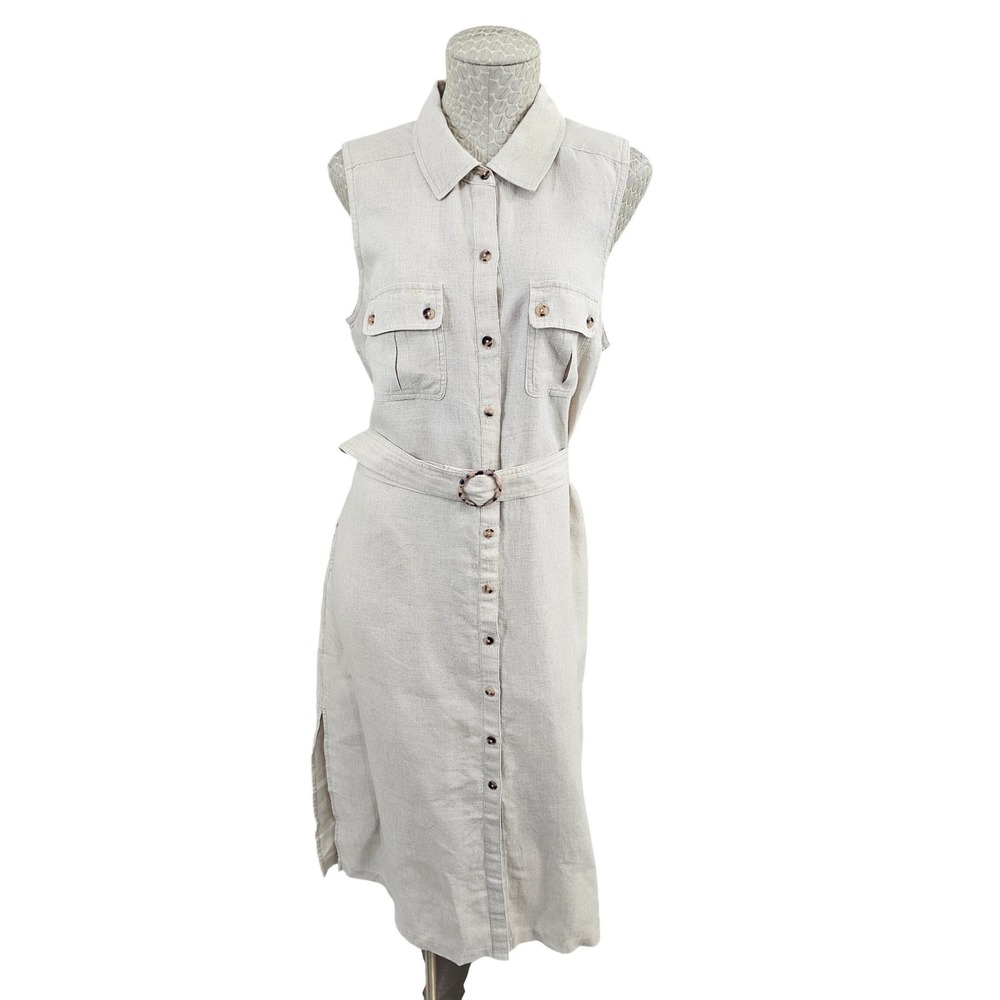 Tommy Bahama Womens Linen Sleeveless Belted Safari‎ Shirt Dress Beige L SW622047